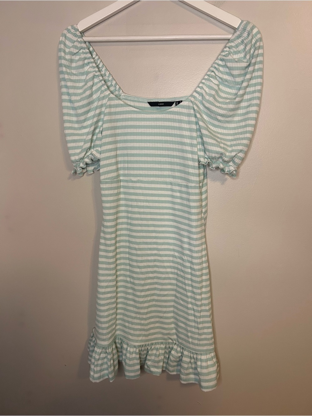 Vero Moda Seafoam Green and White Stripe Square Neck Puff Sleeve Mini Dress